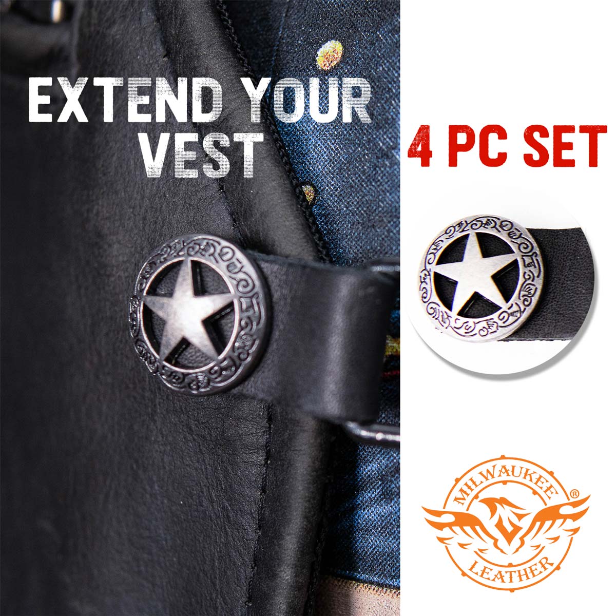 Milwaukee Leather Western Star Medallion Vest Extender - Double Chrome Chains Genuine Leather 6.5" Extension 4-PCS MLA6001SET