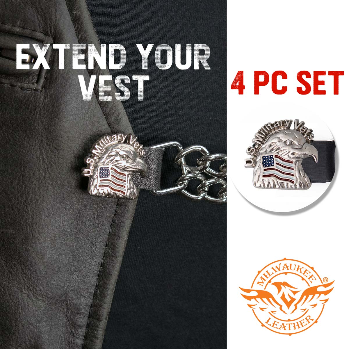 Milwaukee Leather US Military Vet Medallion Vest Extender - Double Chrome Chains Genuine Leather 6.5" Extension 4-PCS MLA6023SET