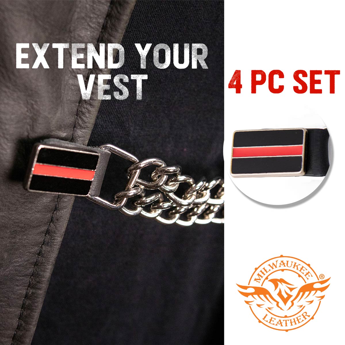 Milwaukee Leather Thin Red Line Medallion Vest Extender - Double Chrome Chains Genuine Leather 6.5" Extension 4-PCS MLA6028SET