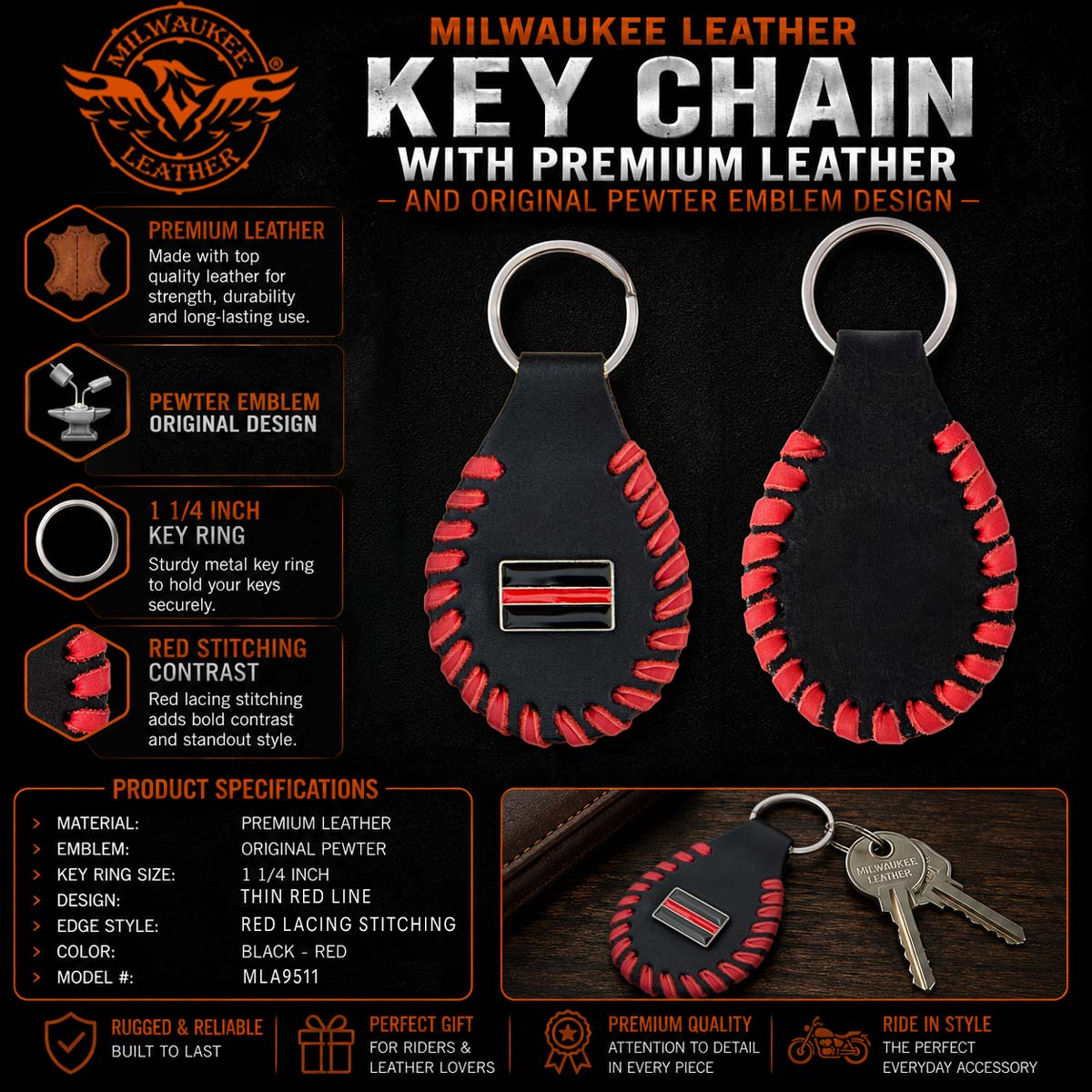 Milwaukee Leather Key Chain with Leather Original Pewter Emblem