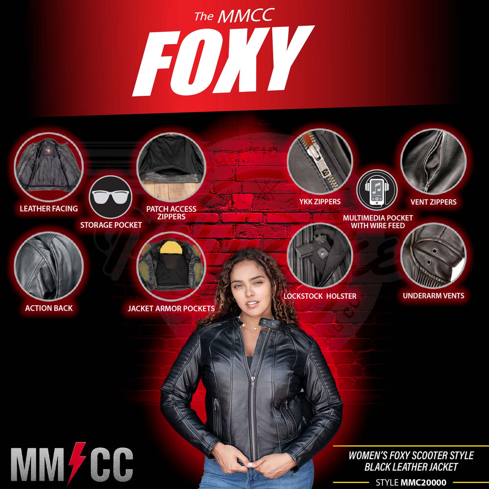 Milwaukee Motorcycle Clothing Co. Women's Foxy Scooter Style Black Premium Leather Jacket w/ Mandarin Collar MMC20000
