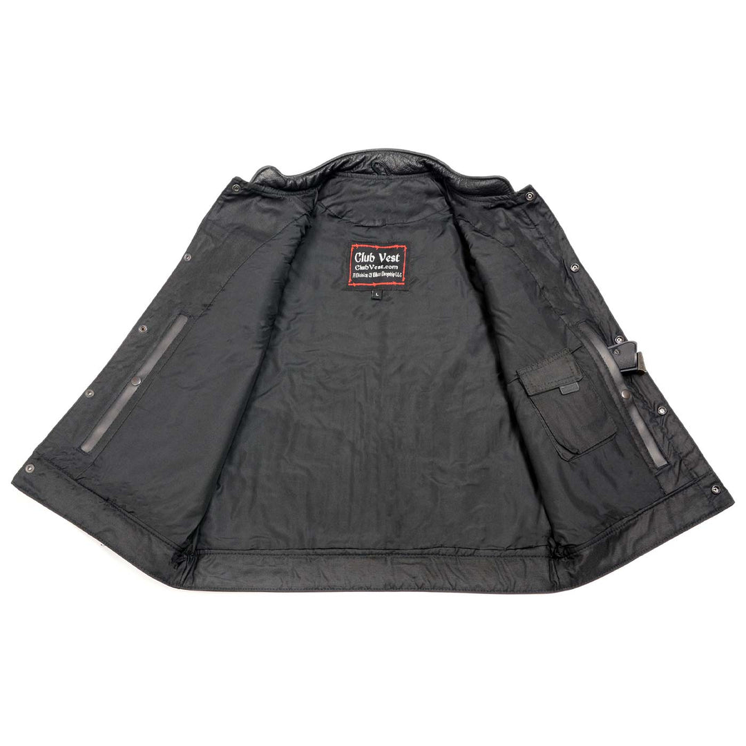 Club Vest CVM3710 Men’s Leather Black Open Neck Vest with Snap and Zip Front Closure