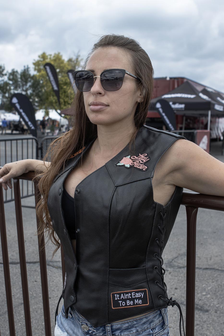 Event Leather ELL4900 Women's Classic Black Genuine Leather Side Laced Motorcycle Riders Vest w/ 9 Patches Black / X-Large