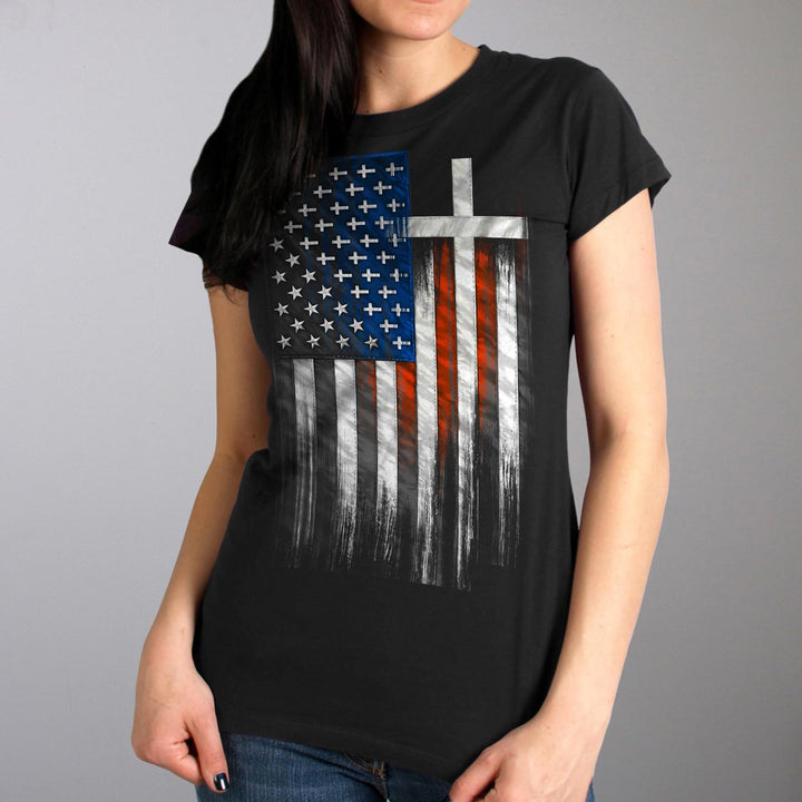 Hot Leathers GLR1520 American Flag Crosses Ladies Black T-Shirt