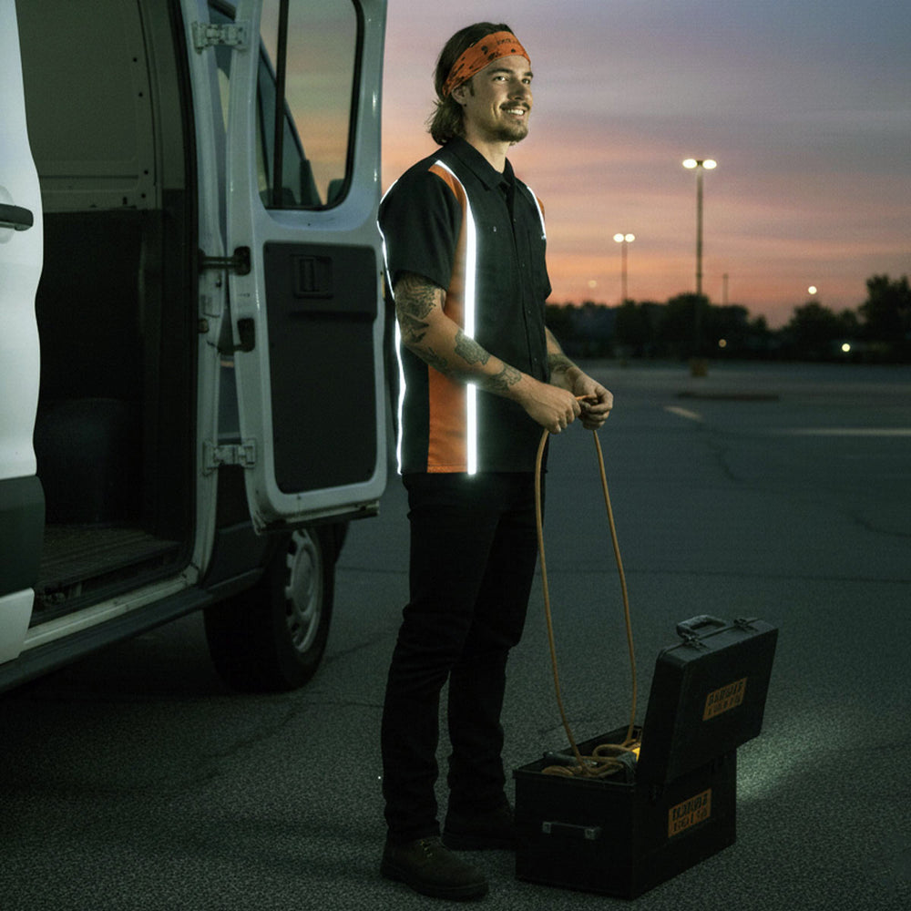 Milwaukee Motorcycle Clothing Co. Men’s Blk/Orange Mechanic Work Shirt – w / Reflective Strip, Rider‑Built MDM11610