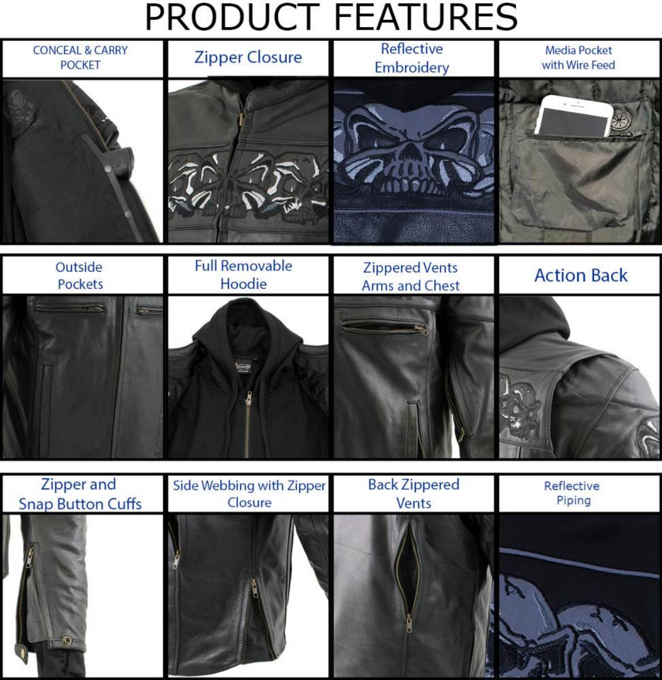 Milwaukee Leather Men's Futile CE Armored Leather Motorcycle Jacket w/ Hoodie Liner, Reflective Skull - LKM17016