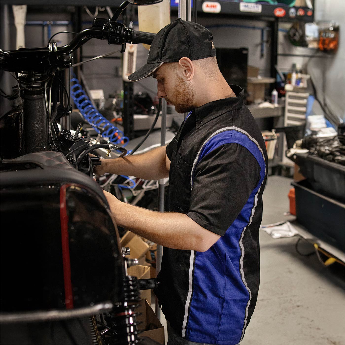 MOTOR by HIDEO MOTOIKE 麻シャツ ネイビー L Milwaukee Motorcycle Clothing Co. Men's Blk/Blue Mechanic Work