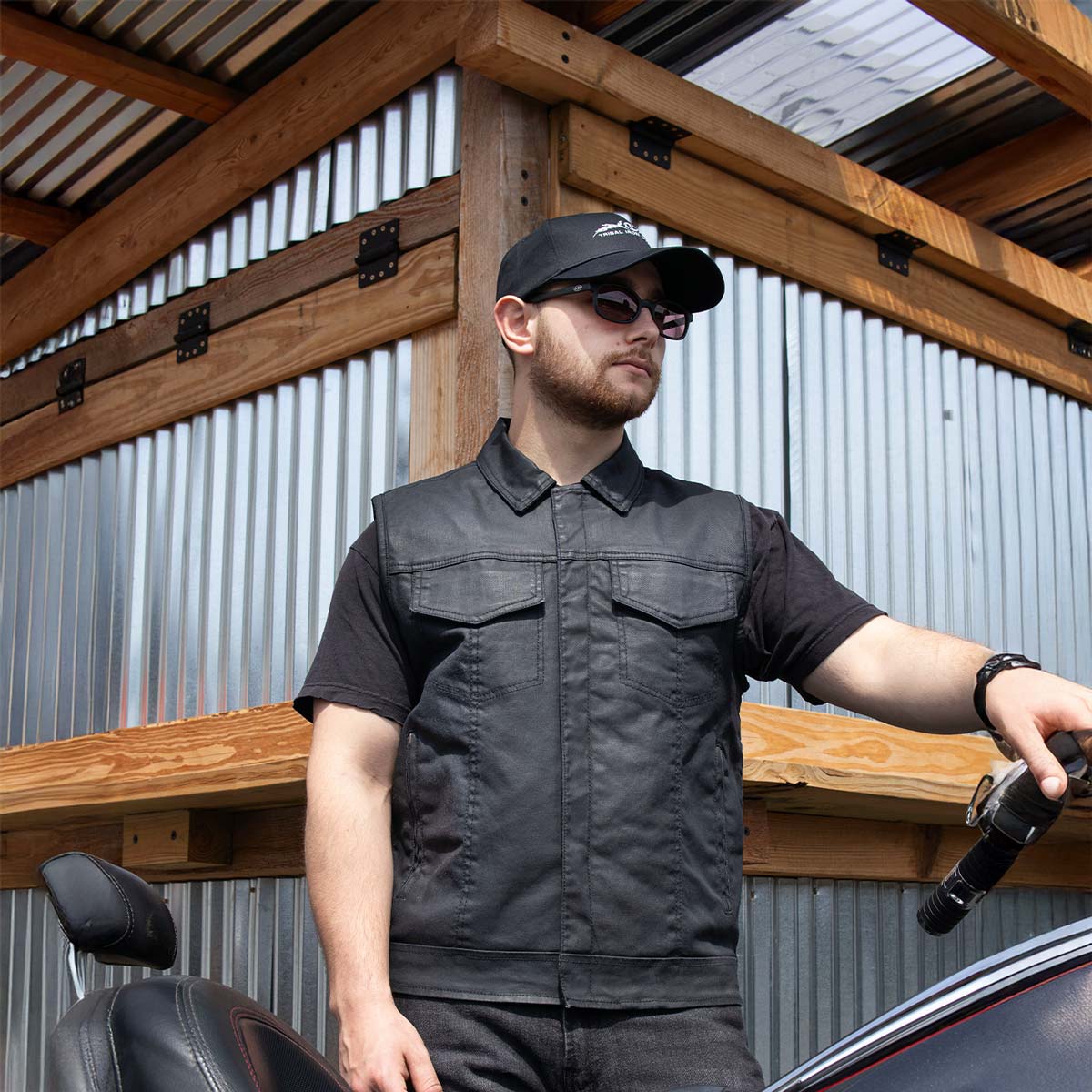 Milwaukee Leather MDM3030 Men’s Black Waxy Coated Denim Club Style Motorcycle Rider Vest w/ Shirt Collar