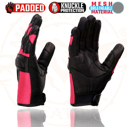 Milwaukee Leather MG7740 Women's Black Leather and Hot Pink Mesh Racing Motorcycle Gloves W/ Padded Knuckle and Fingers