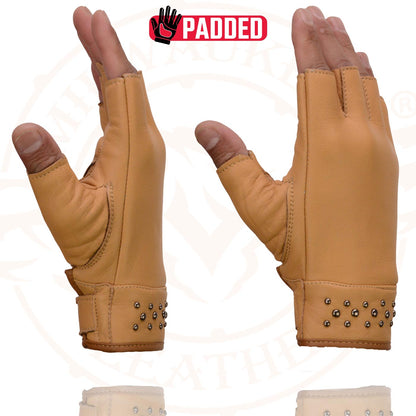 Milwaukee Leather MG7761 Women's Saddle Leather Gel Palm Fingerless Motorcycle Hand Gloves W/ Stylish ‘Wrist Detailing’