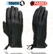 Milwaukee Leather MG7770 Women's Black Leather ’I - Touchscreen Compatible’ Laced Wrist Motorcycle Hand Gloves W/ Gel Palm
