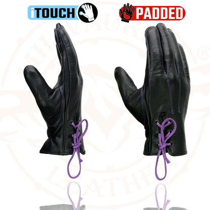 Milwaukee Leather MG7771 Women's Black/ Purple ’I - Touchscreen Compatible’ Laced Wrist Motorcycle Hand Gloves W/ Gel Palm