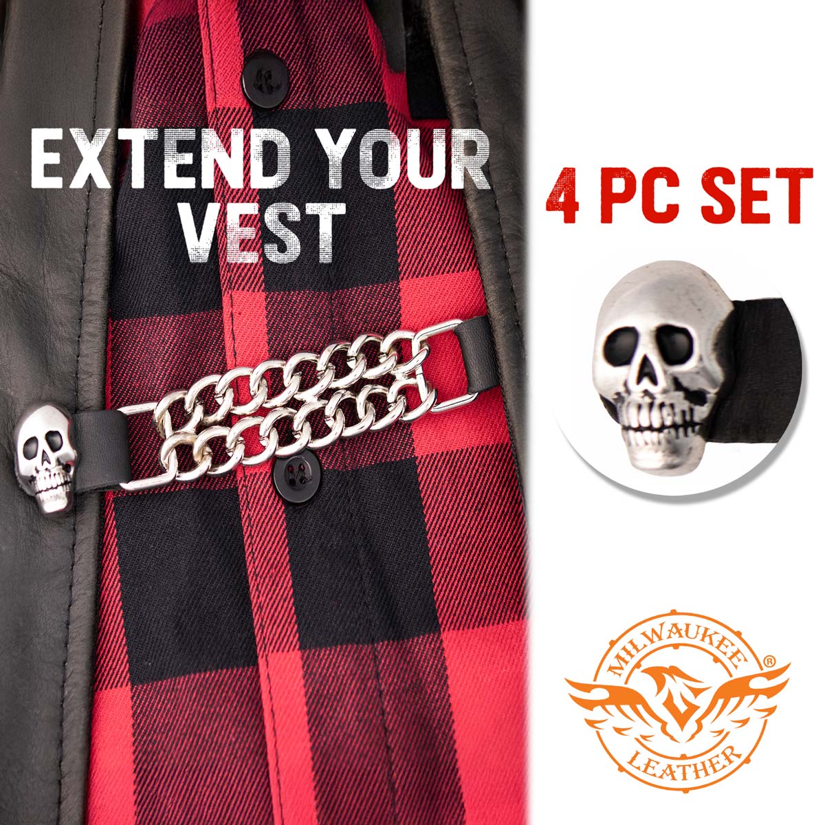 Milwaukee Leather Skull Head Medallion Vest Extender - Double Chrome Chains Genuine Leather 6.5" Extension 4-PCS MLA6019SET