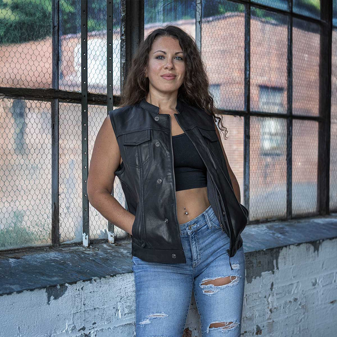 Milwaukee Leather MLL4512 Women’s Lashes Black Leather Club Style Motorcycle Rider Vest w/ Concealed Closure
