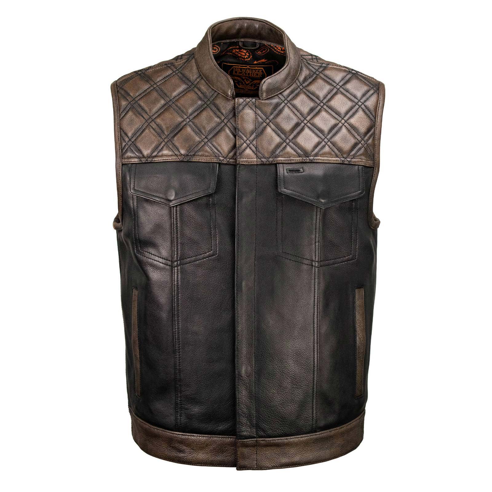 Milwaukee Leather MLM3529 Men's Black & Brown Paisley Lined Leather Vest w/ Accent Stitching & Armhole Trim