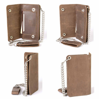 Milwaukee Leather MLW7827 Men's 6” Brown Leather Bi-Fold Biker Wallet w/ Anti-Theft Stainless Steel Chain and Buffalo Nickel Snaps