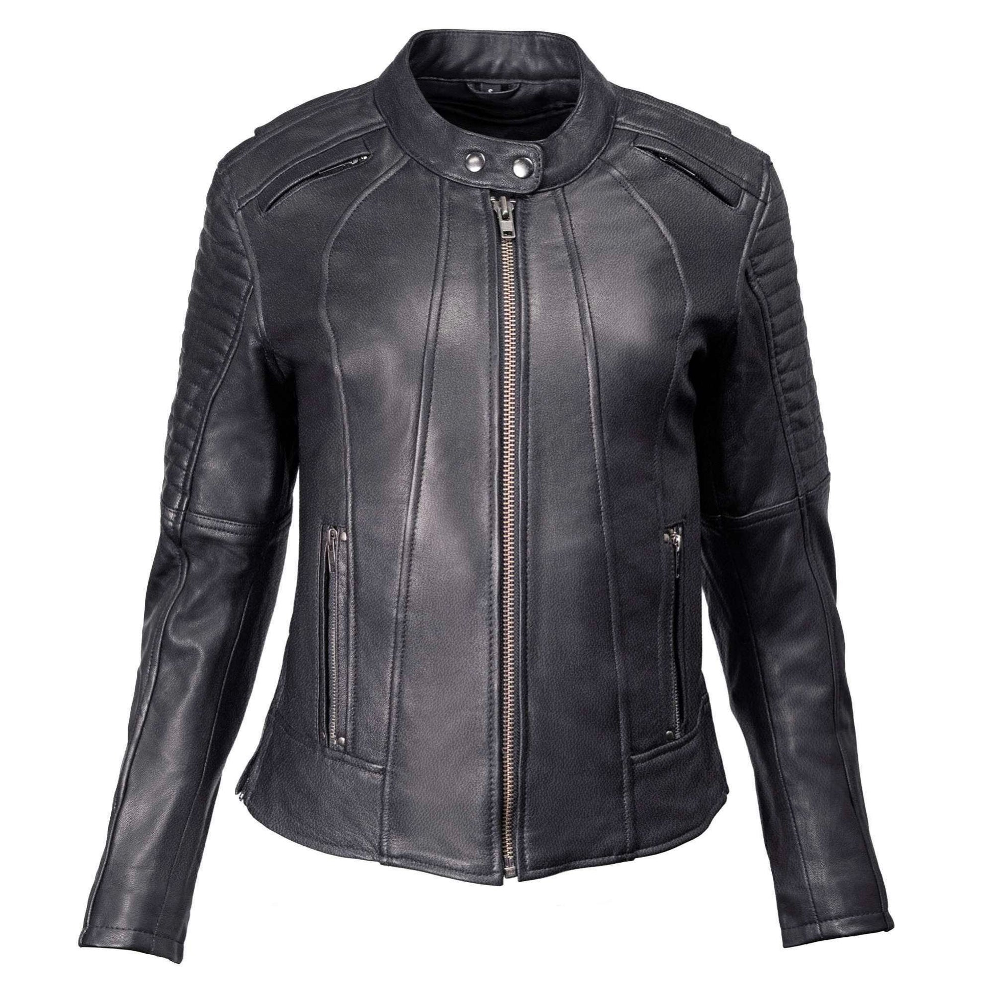 Milwaukee Motorcycle Clothing Co. Women's Foxy Scooter Style Black Premium Leather Jacket w/ Mandarin Collar MMC20000