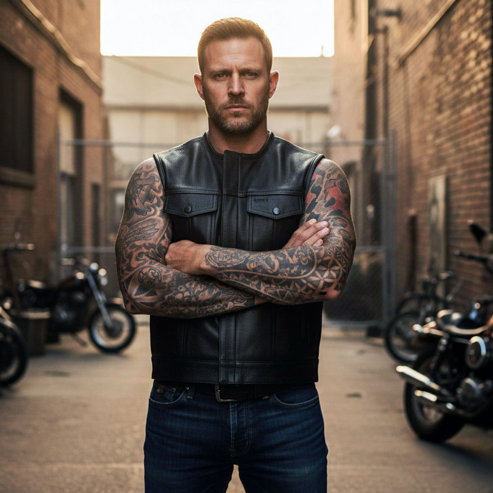 Milwaukee Motorcycle Clothing Co. Men's Low-Key Premium Black Leather Club Style Biker Vest MMC30000