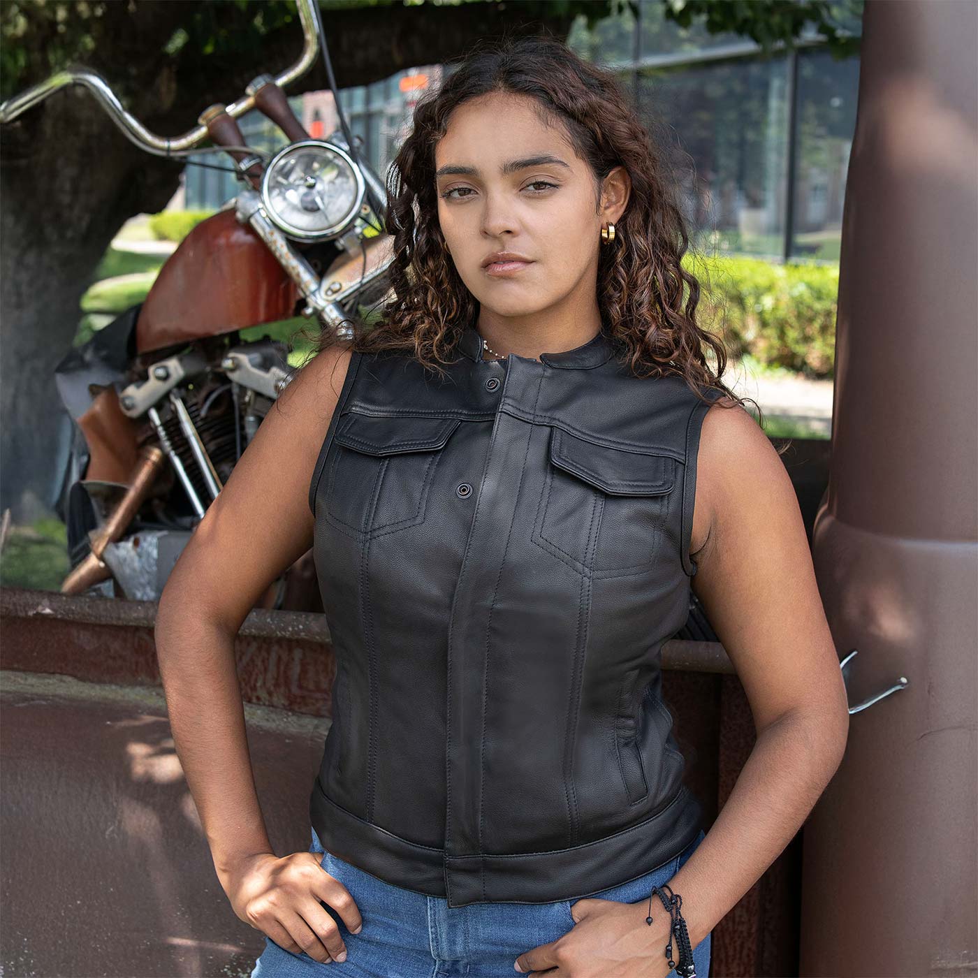 Milwaukee Motorcycle Clothing Co. Women's Girls-Club Black Leather Scooter Style Vest w/ Mandarin Collar MMC40005