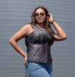 Milwaukee Motorcycle Clothing Co. Women’s Liberty Black and Purple Leather V-Neck Biker Vest w/ Side Lacing MMC40006