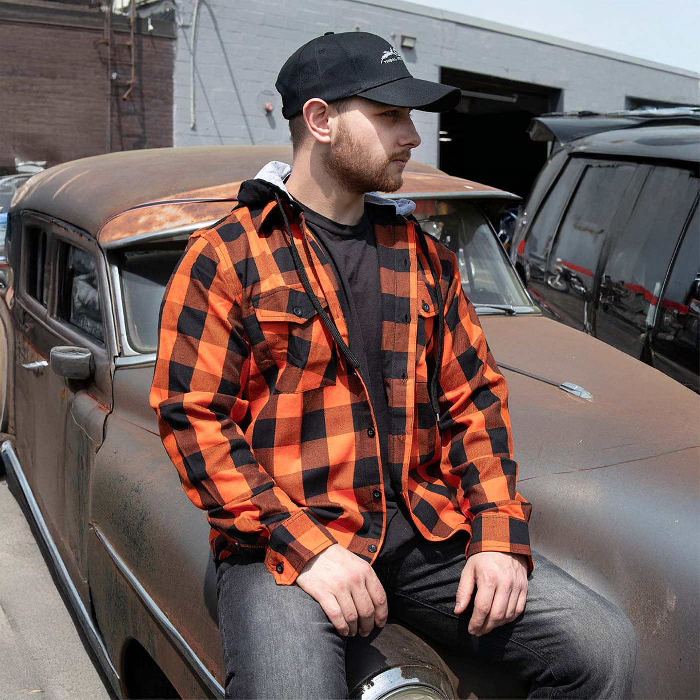 Milwaukee Leather MNG11642 Men's Flannel Plaid Orange and Black Long Sleeve Cotton Button Down Shirt w/ Hoodie