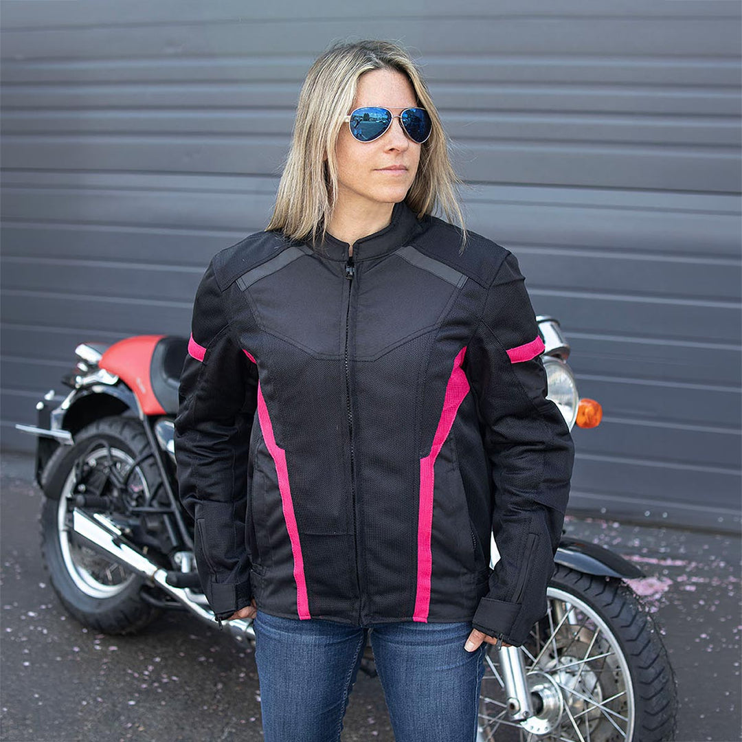 Milwaukee Leather MPL2794 Black and Pink Mesh/Textile Armored Motorcycle Racer Jacket for Women - All Season Jackets