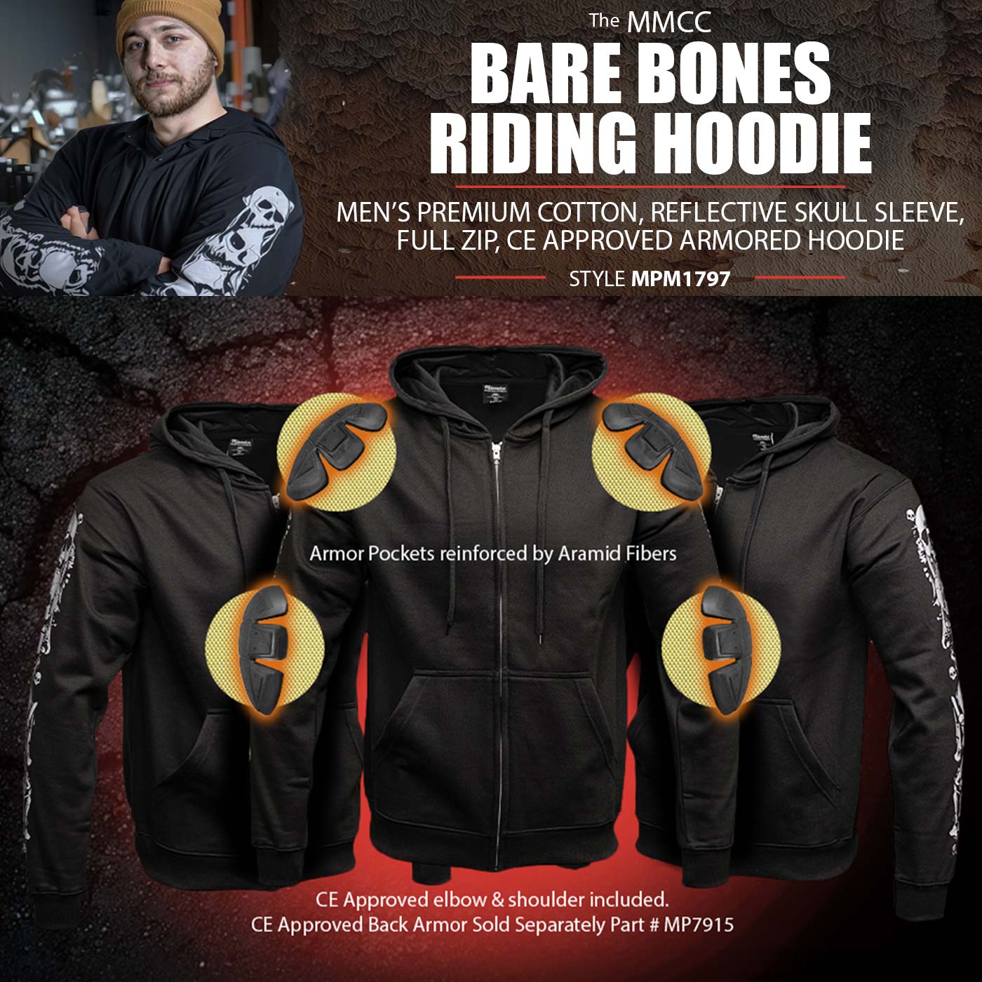 Milwaukee Leather Men's Bare Bones Black Reflective Skull CE Armored Riding Hoodie, Shoulder and Elbow Armor - MPM1797