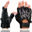 Milwaukee Leather SH198 Men's Black Leather Gel Padded Palm Fingerless Motorcycle Gloves w/ Grey Flame Embroidery