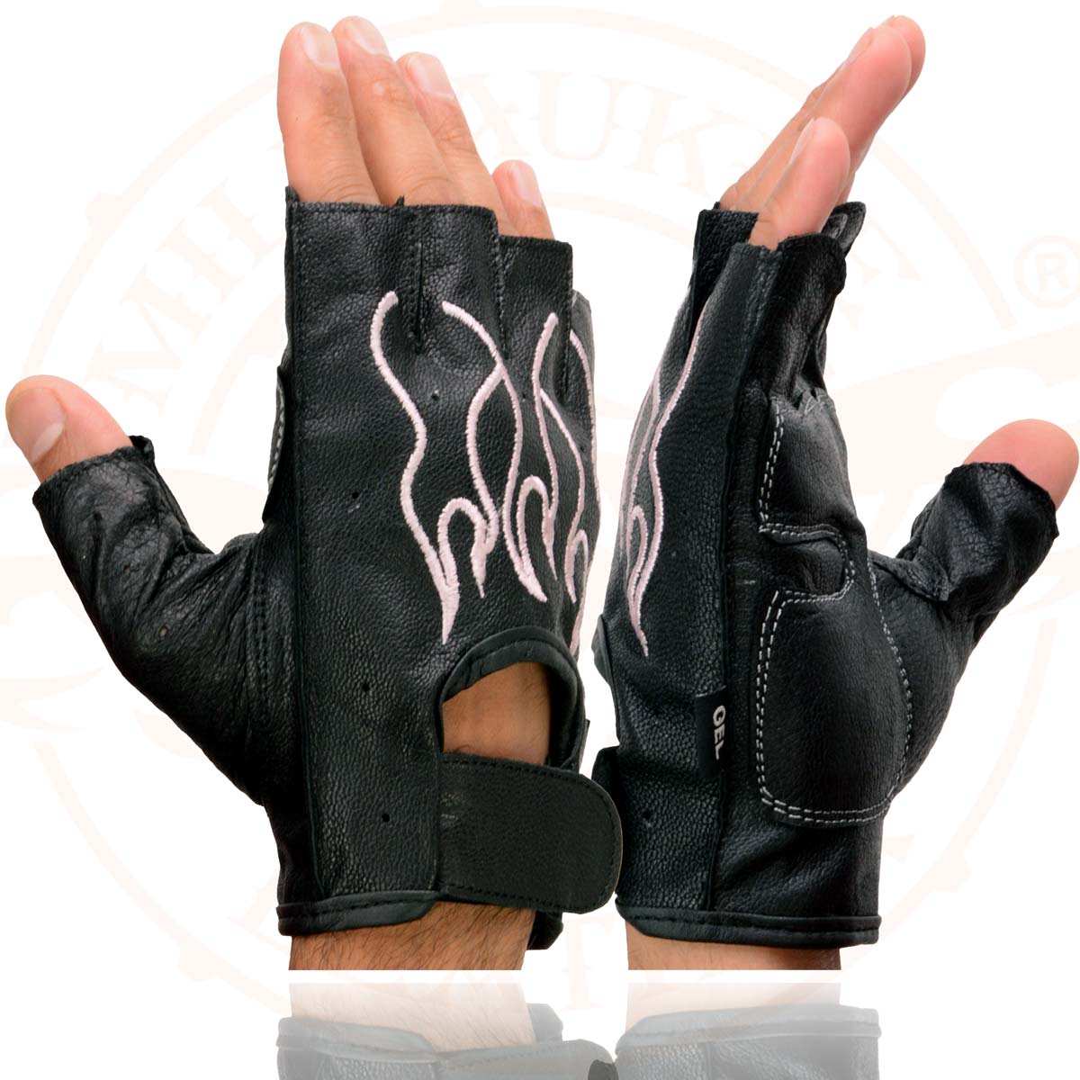 Xelement XG198 Women's Embroidered 'Flamed' Fingerless Black and Pink Motorcycle Leather Gloves