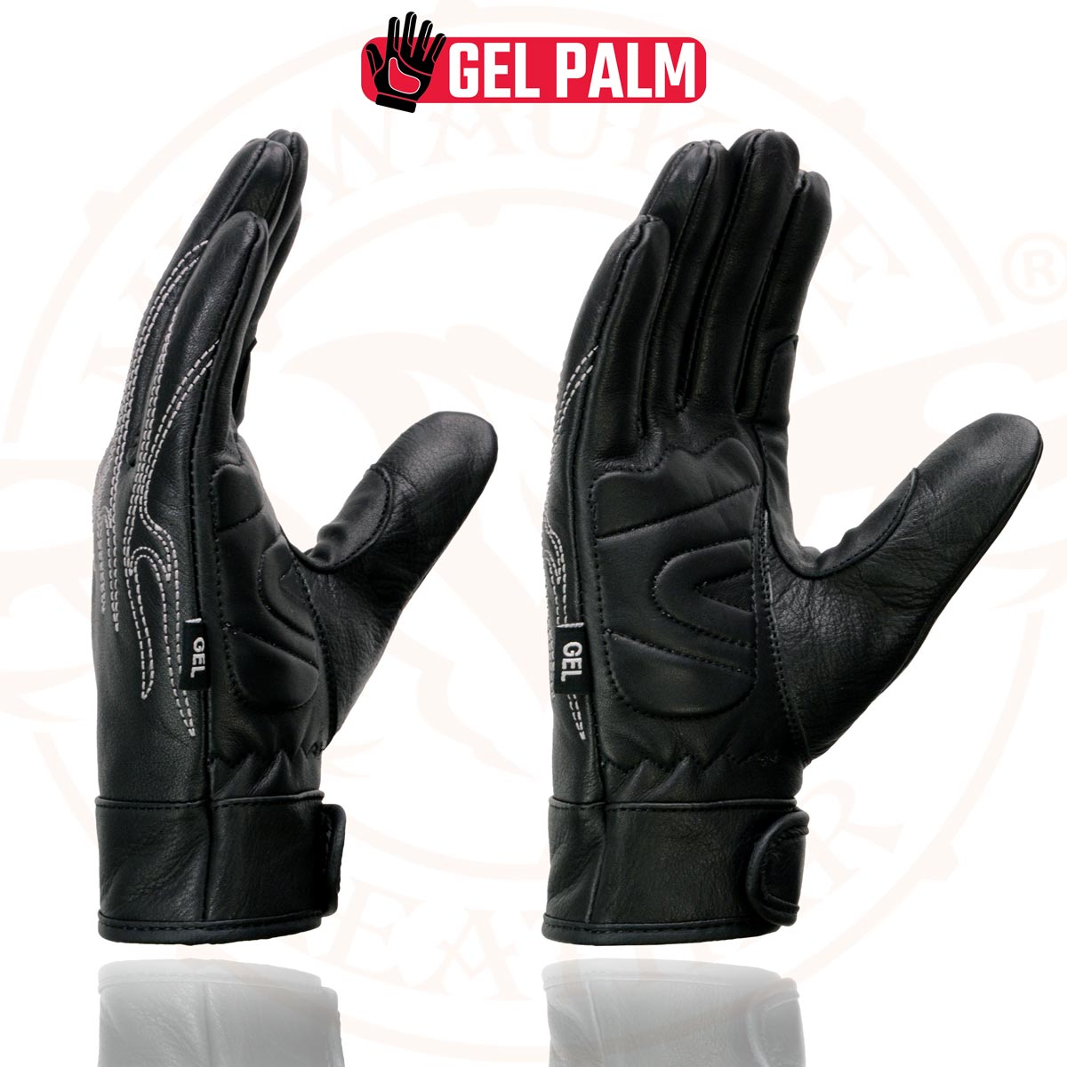 Milwaukee Leather SH820 Men's Black Leather ‘White Flame’ Cruising Hand Gloves W/ Gel Palm