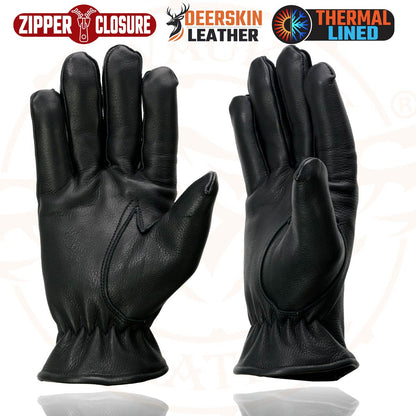 Milwaukee Leather SH866 Men's Black Thermal Lined Deerskin Motorcycle Hand Gloves W/ Wrist Zipper Closure