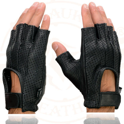 Shaf International SH877 Men's Black Leather Gel Padded Palm Fingerless Motorcycle Hand Gloves W/ ‘Welted USA Deerskin’