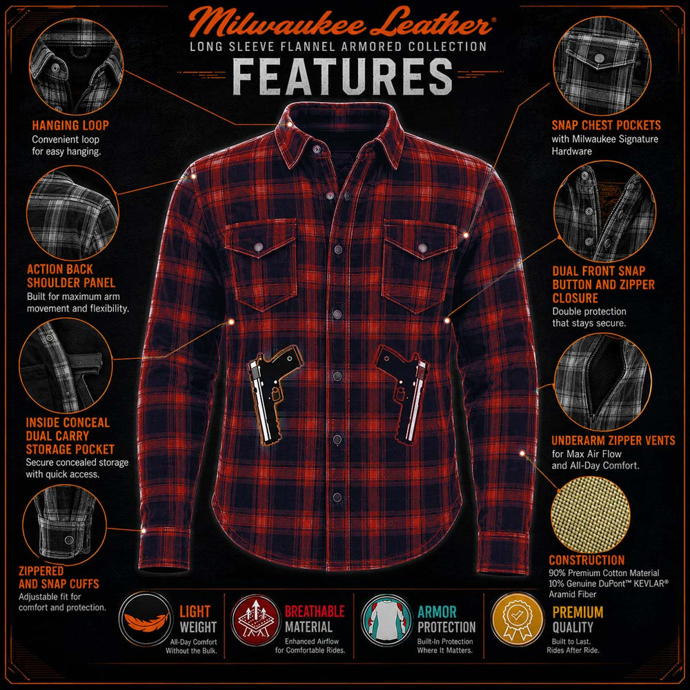 Milwaukee Leather MPM1632 Men's Plaid Flannel Biker Shirt with CE Approved Armor - Reinforced w/ Aramid Fiber