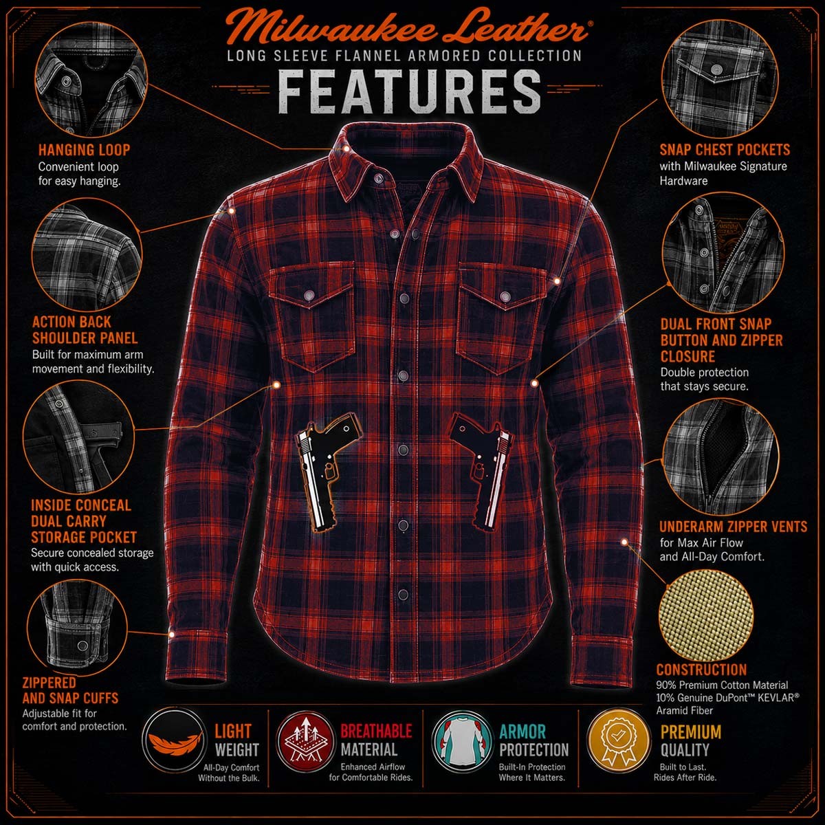 Milwaukee Leather MPM1632 Men's Plaid Flannel Biker Shirt with CE Approved Armor - Reinforced w/ Aramid Fiber
