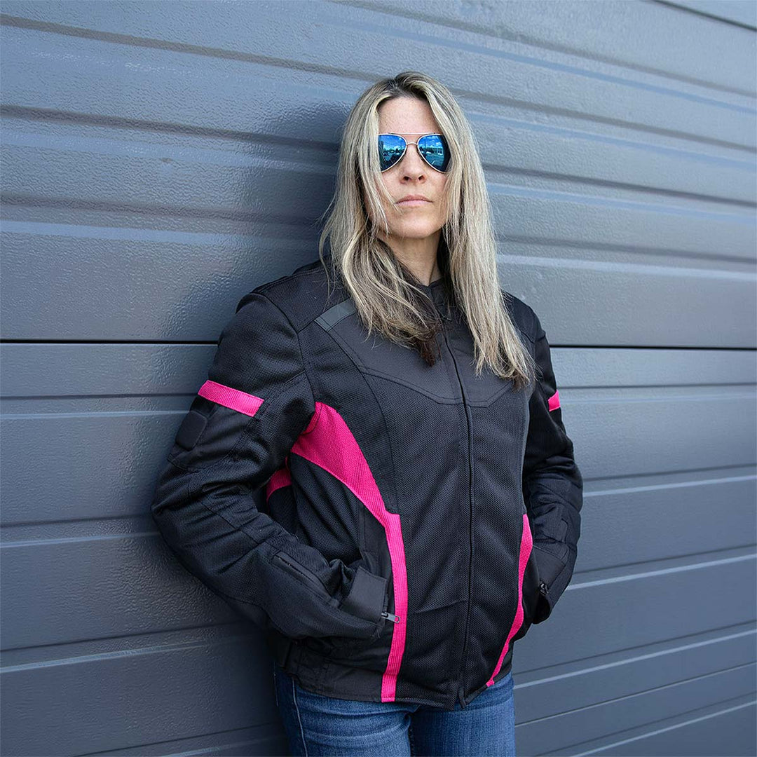 Milwaukee Leather MPL2794 Black and Pink Mesh/Textile Armored Motorcycle Racer Jacket for Women - All Season Jackets