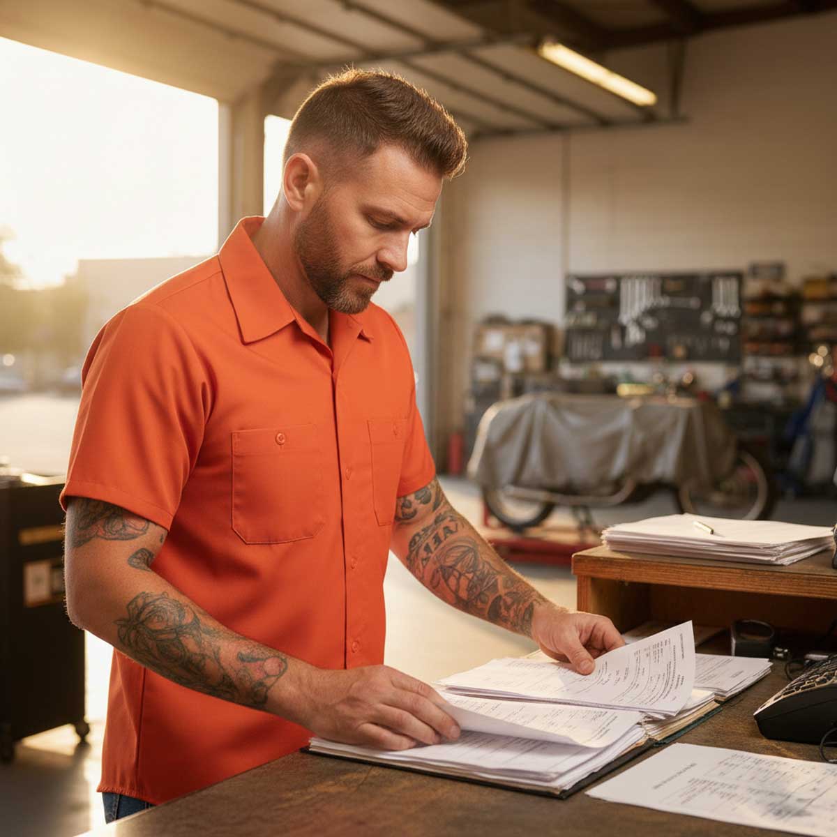 Milwaukee Leather Men’s Classic Button-Up Mechanic Durable Work Shirt - Short Sleeve Cotton Twill Garage Shirt