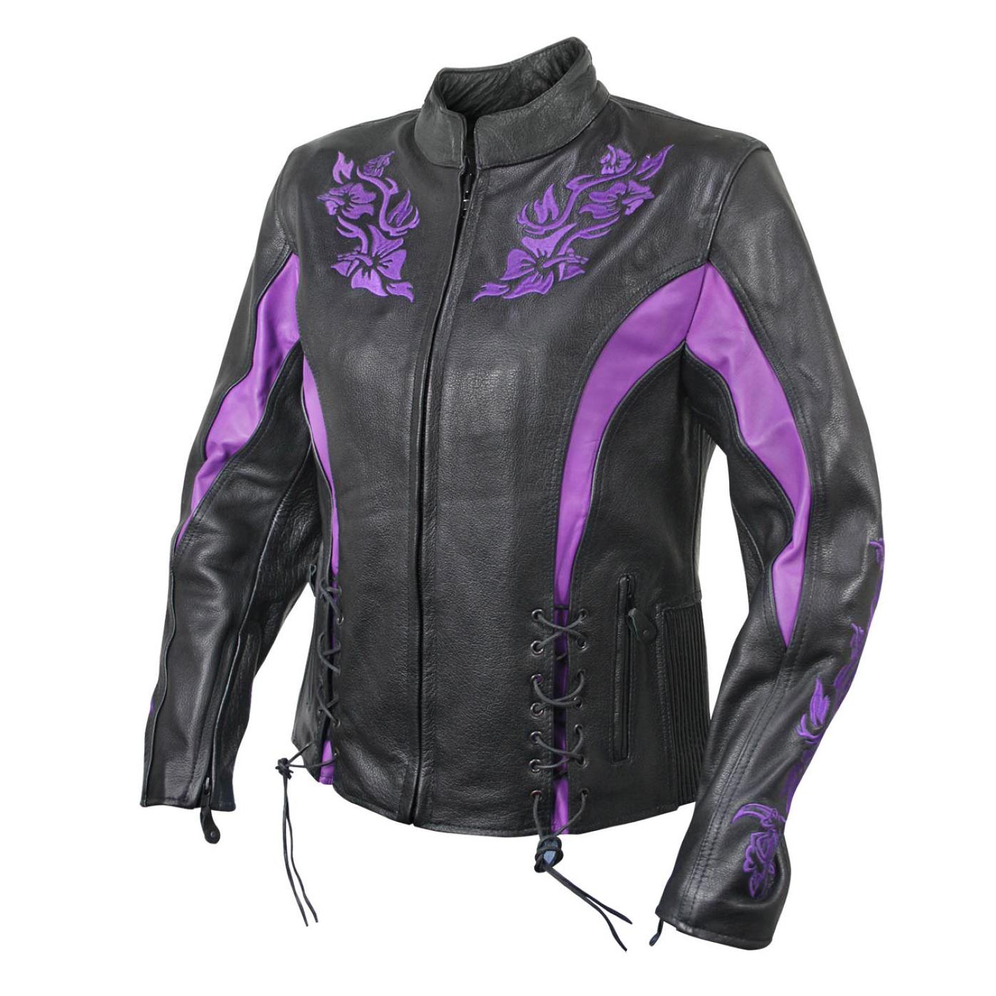 Milwaukee Leather LKL27002 Women's Premium Black and Purple Leather Embroidered Jacket with CE Armor Protection