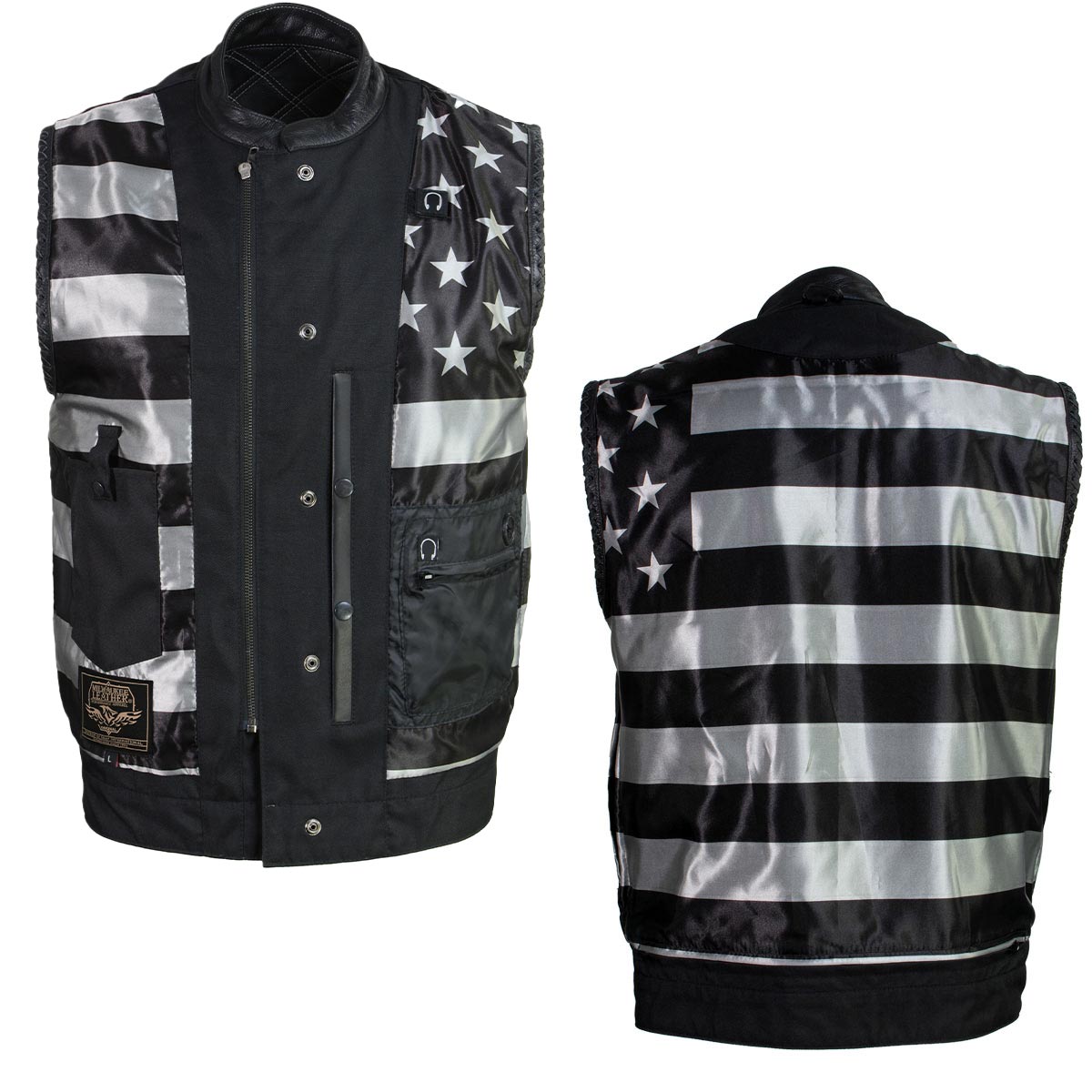 Milwaukee Leather LKM3784 Men's Classic Black Leather Motorcycle Rider Vest Stars and Stripes Design w/ USA Flag Liner