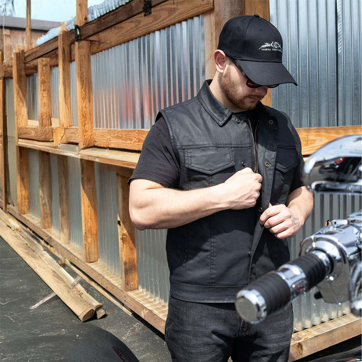 Milwaukee Leather MDM3030 Men’s Black Waxy Coated Denim Club Style Motorcycle Rider Vest w/ Shirt Collar