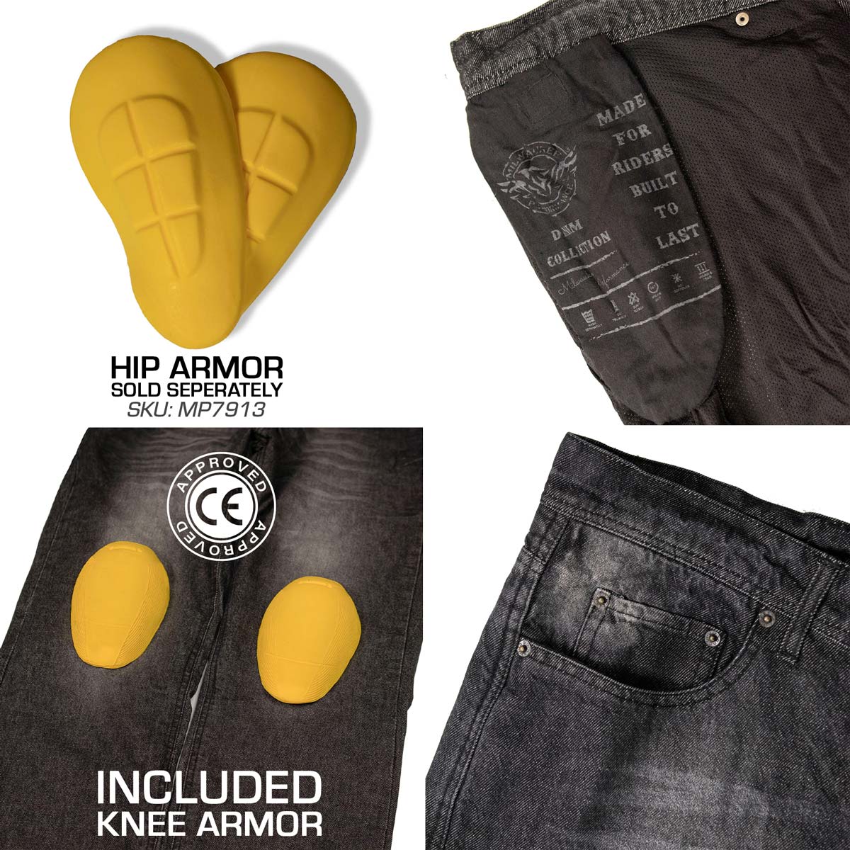 Milwaukee Leather MDM5001 Men's Metro Black CE Armored Motorcycle Riding Denim Jeans Reinforced w/ Aramid Fibers