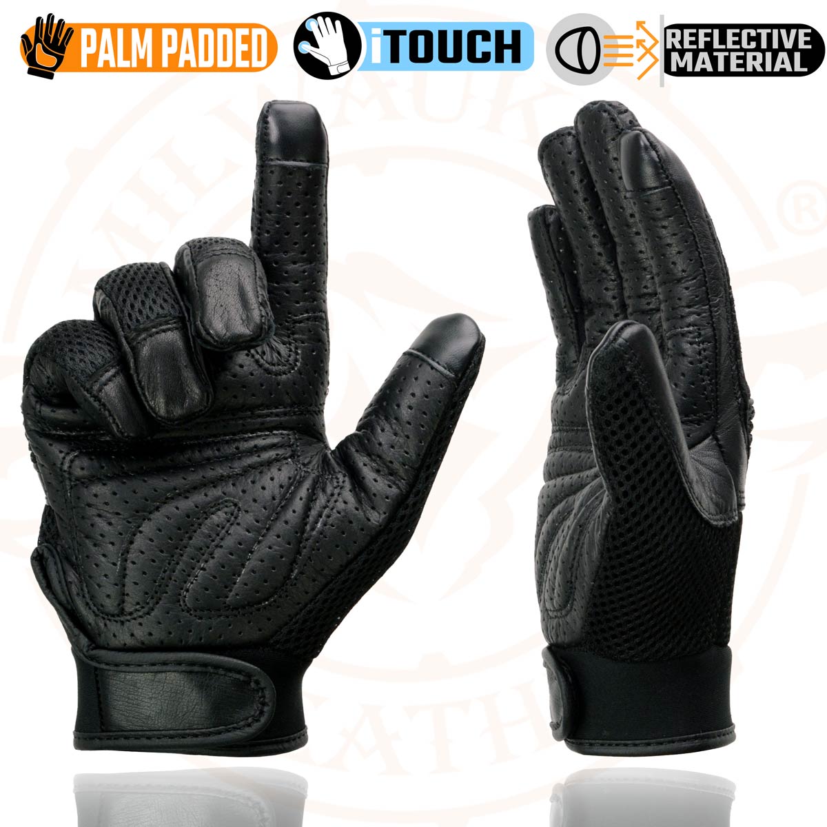 Milwaukee Leather MG7503 Men's Black Leather  i-Touch Screen Compatible Mesh Racing Motorcycle Hand Gloves W/ Reflector