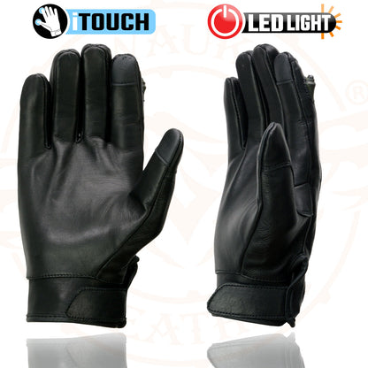 Milwaukee Leather MG7599 Men's Black Leather with i-Touch Screen Led Finger Light Motorcycle Hand Gloves