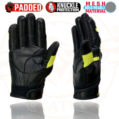 Milwaukee Leather MG7740 Women's Black Leather and Neon Green Mesh Racing Motorcycle Gloves W/ Padded Knuckle and Fingers