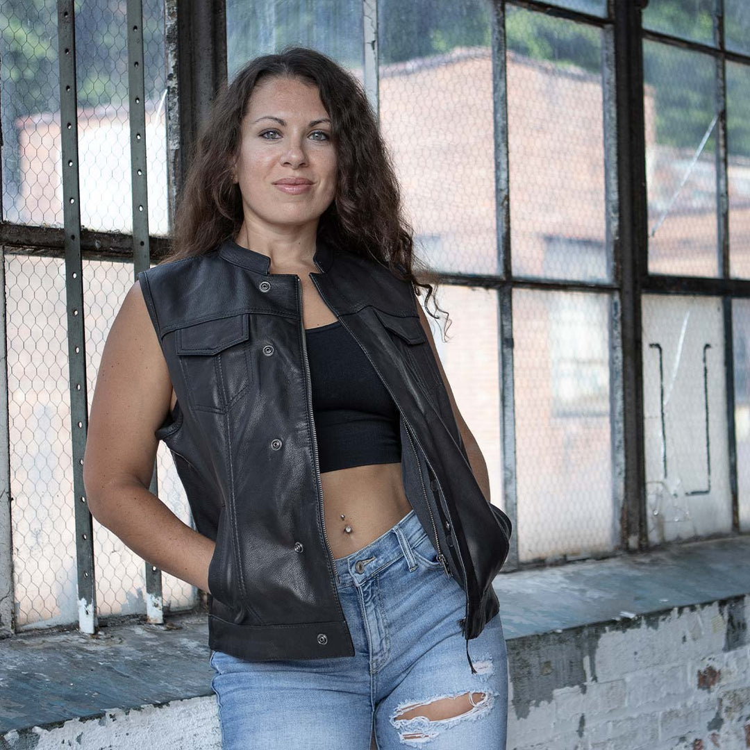 Milwaukee Leather MLL4512 Women’s Lashes Black Leather Club Style Motorcycle Rider Vest w/ Concealed Closure