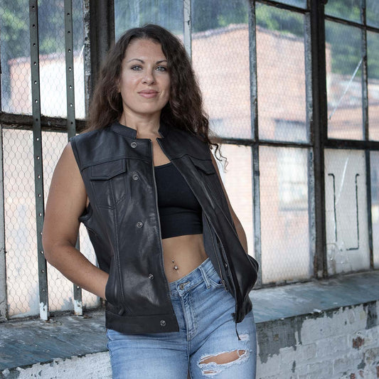 Milwaukee Leather MLL4512 Women’s Lashes Black Leather Club Style Motorcycle Rider Vest w/ Concealed Closure