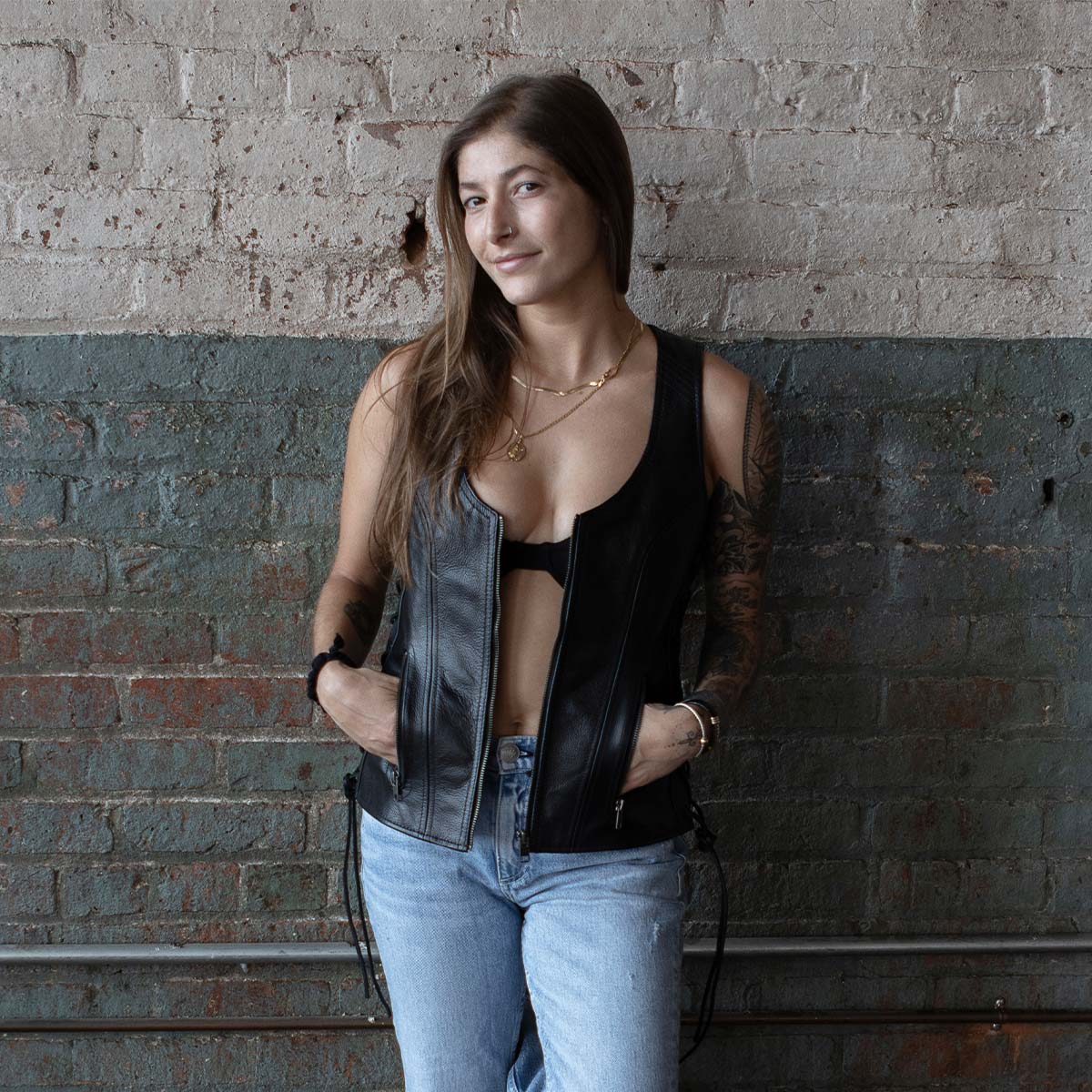 Milwaukee Leather Women's Black Leather V-Neck Motorcycle Rider