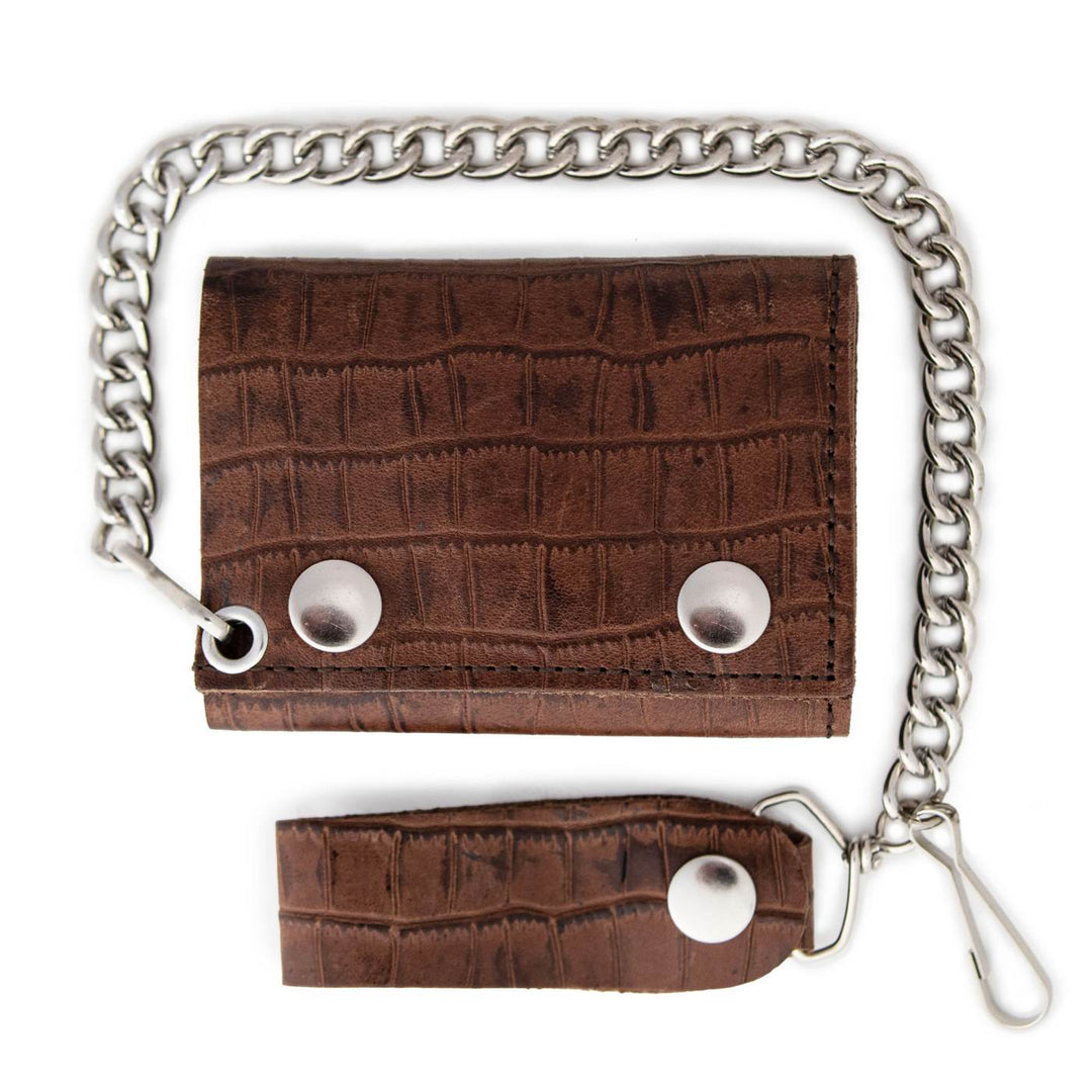 Milwaukee Leather Brown Leather Crocodile-Stamped Tri-Fold Wallet, MLW7849