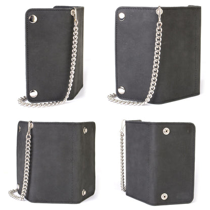 Milwaukee Leather MLW7891 Men's 7" Premium Leather Tri-Fold Biker Wallet w/ Anti-Theft Stainless Steel Chain and Zipper Pocket