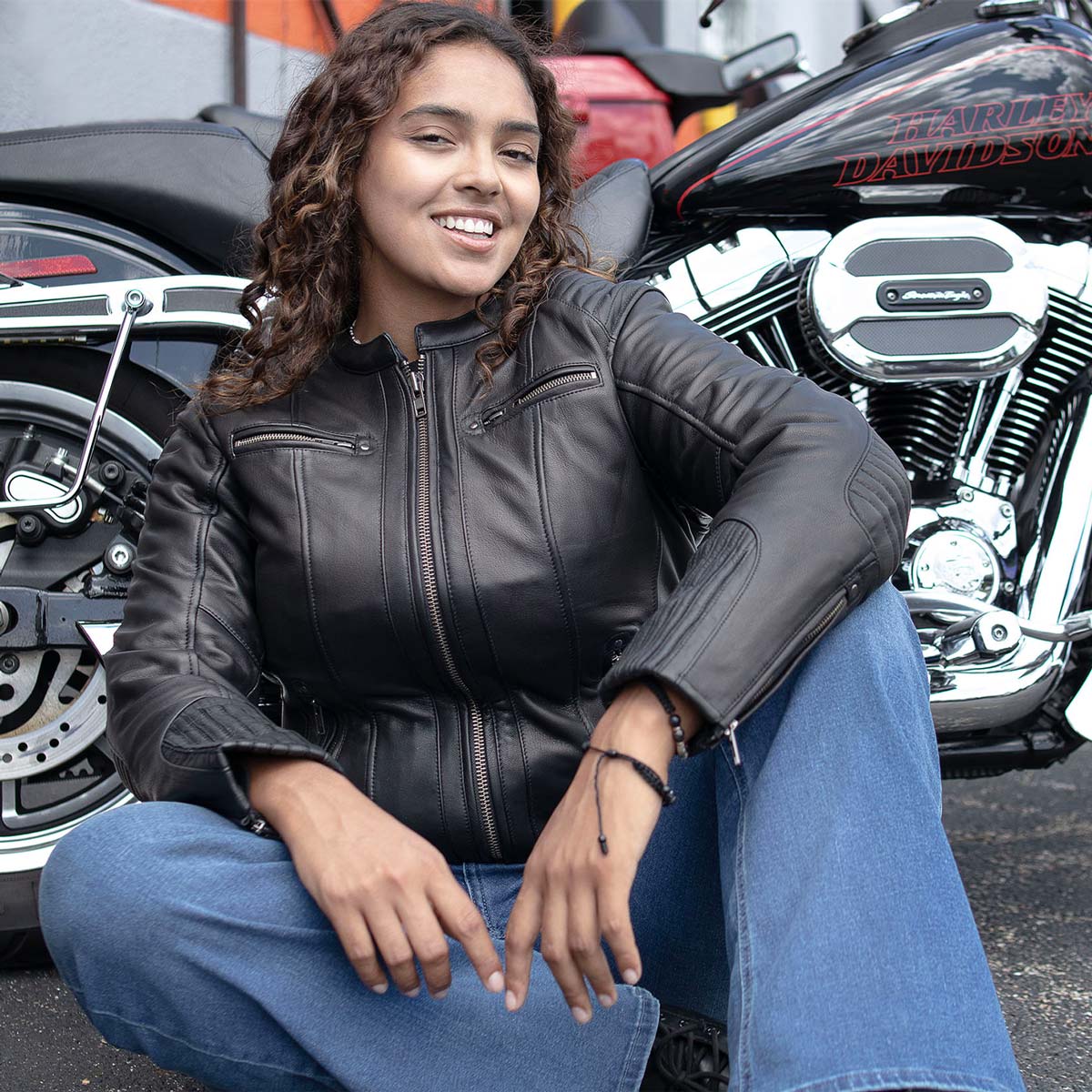 Milwaukee Motorcycle Clothing Co. Women’s Rebel Scooter Style Black Leather Biker Jacket w/ Mandarin Collar MMC20002
