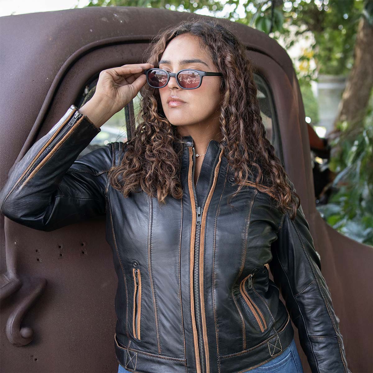 Milwaukee Motorcycle Clothing Co. Women’s Rebel Scooter Style Vinage Brown Leather Jacket w/ Mandarin Collar MMC20003